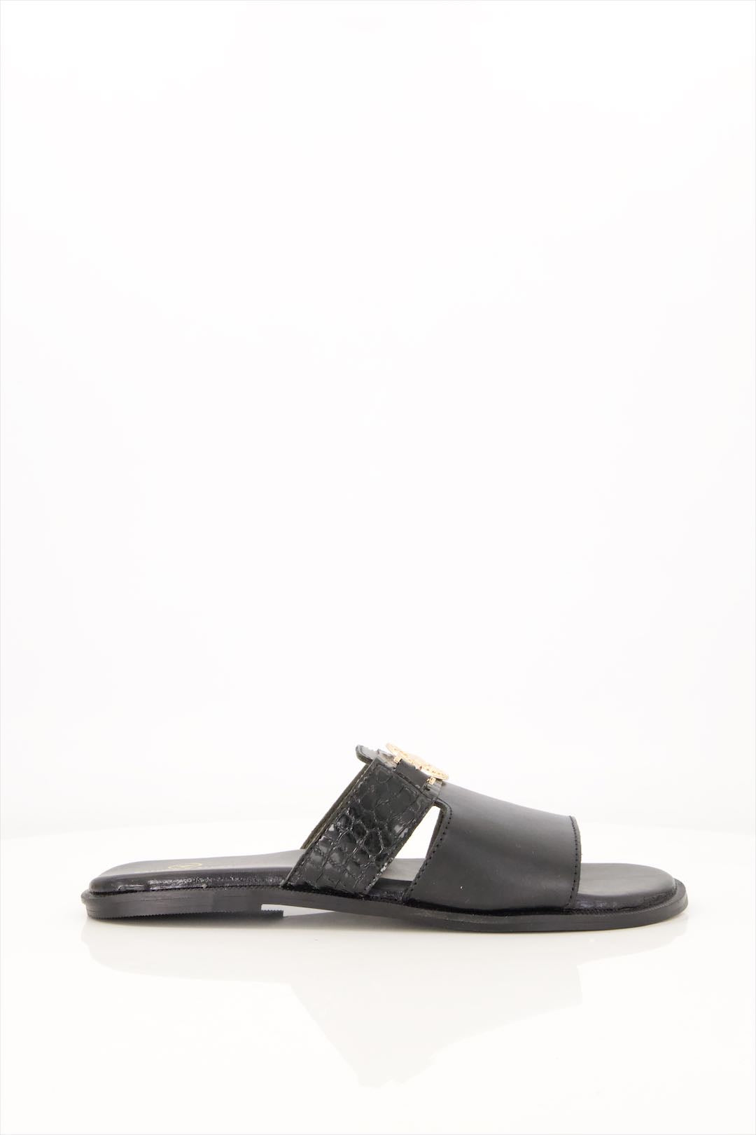 Midnight Luxe Black Leather Sandals with Gold Emblems