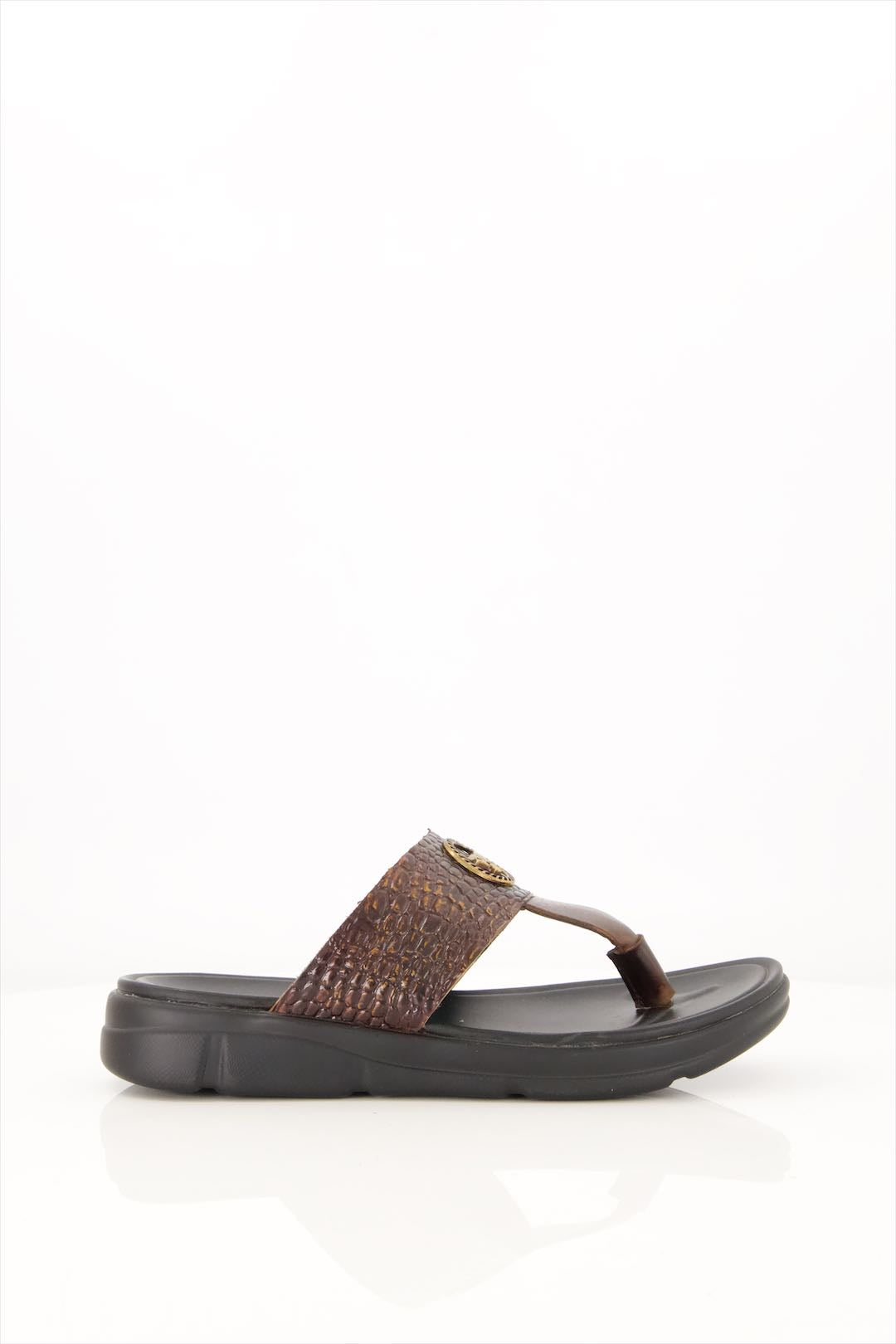 Savannah Thong Brown Textured Leather Sandals with Gold Emblem