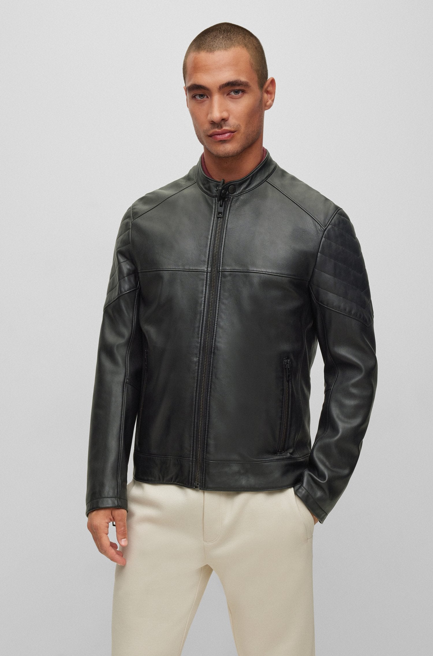 STRIPES SLIM-FIT JACKET IN LAMB LEATHER Black – Wasahi