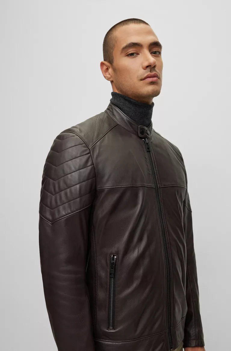 STRIPES - SLIM-FIT JACKET IN LAMB LEATHER - Dark Brown