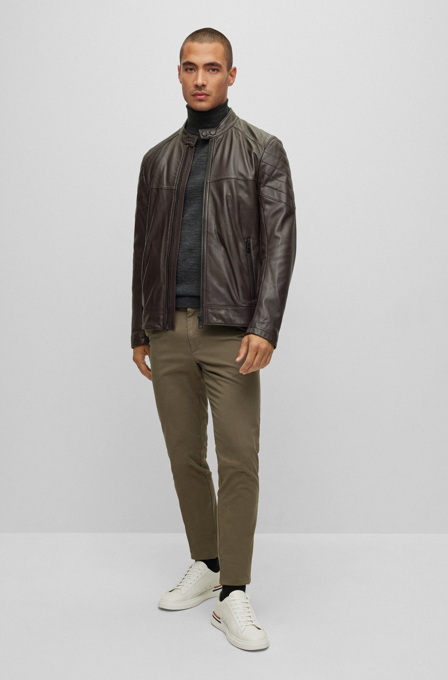 STRIPES - SLIM-FIT JACKET IN LAMB LEATHER - Dark Brown