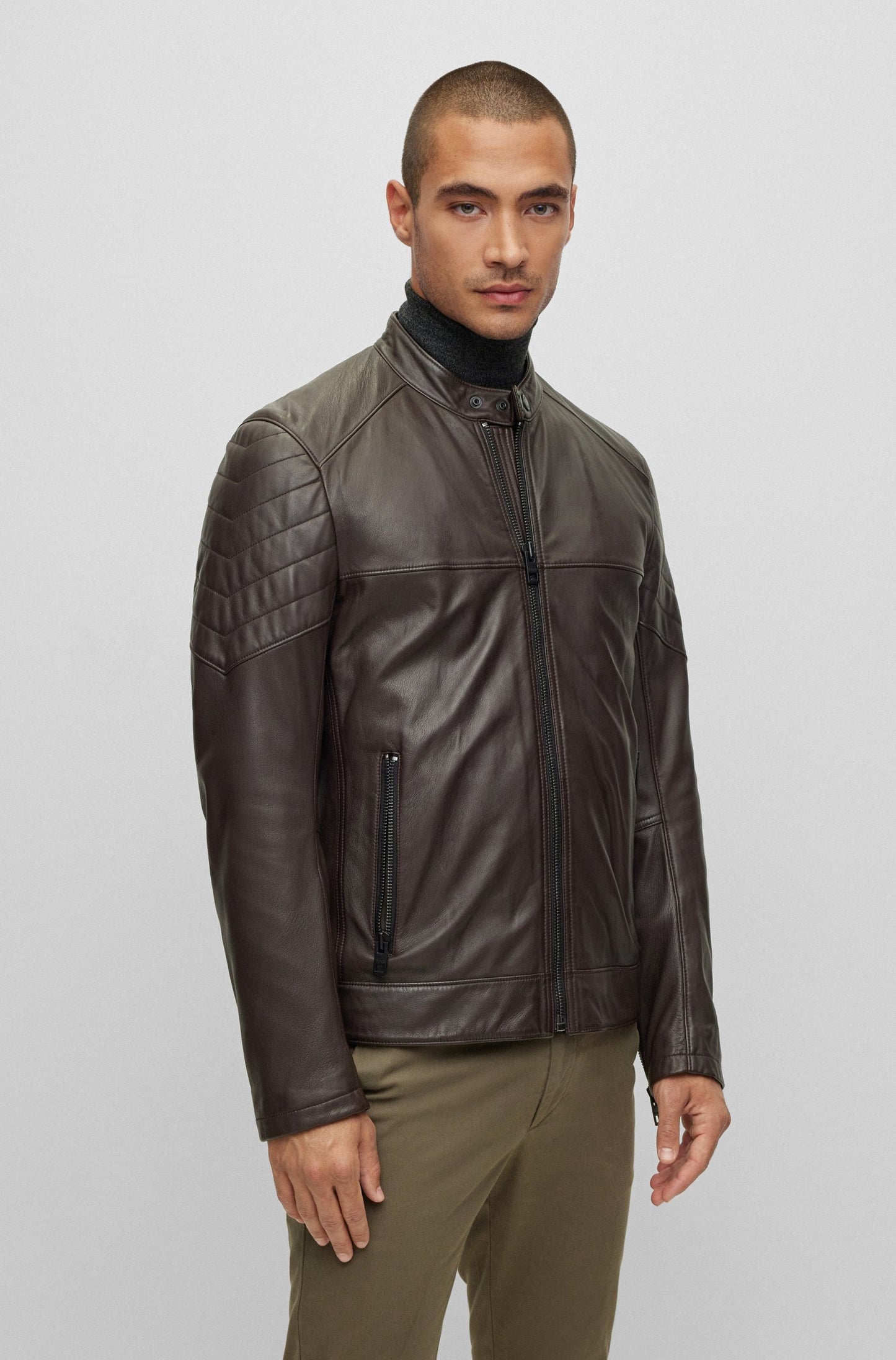 STRIPES - SLIM-FIT JACKET IN LAMB LEATHER - Dark Brown