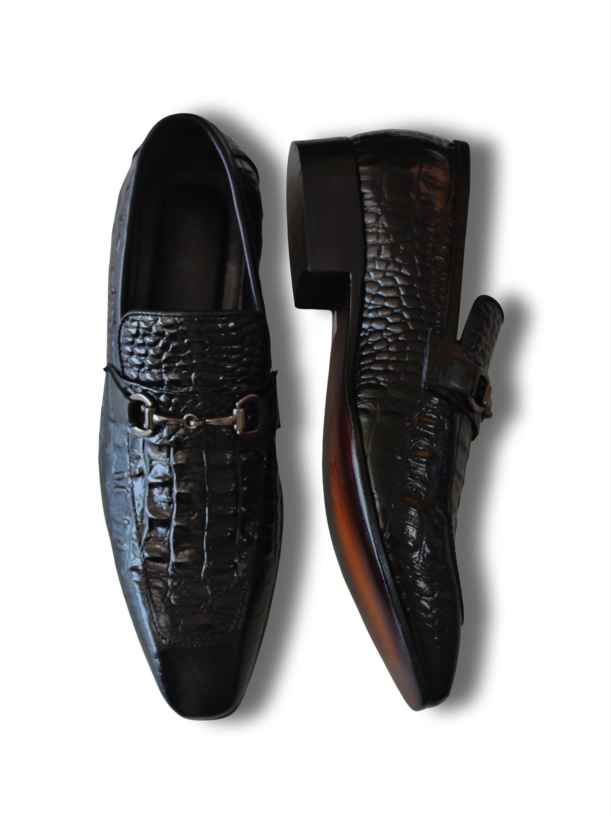 Imperial Croc-Bit Loafers – Glossy Black Leather Dress Shoes – Wasahi