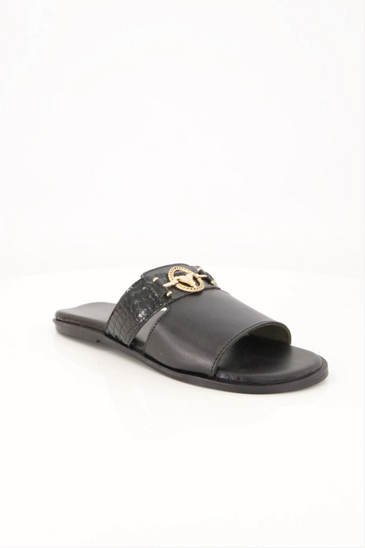 Midnight Luxe Black Leather Sandals with Gold Emblems