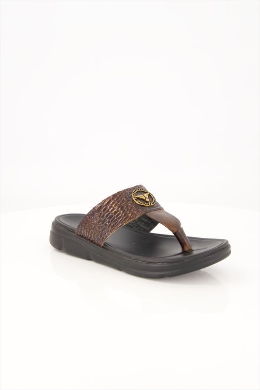 Savannah Thong Brown Textured Leather Sandals with Gold Emblem