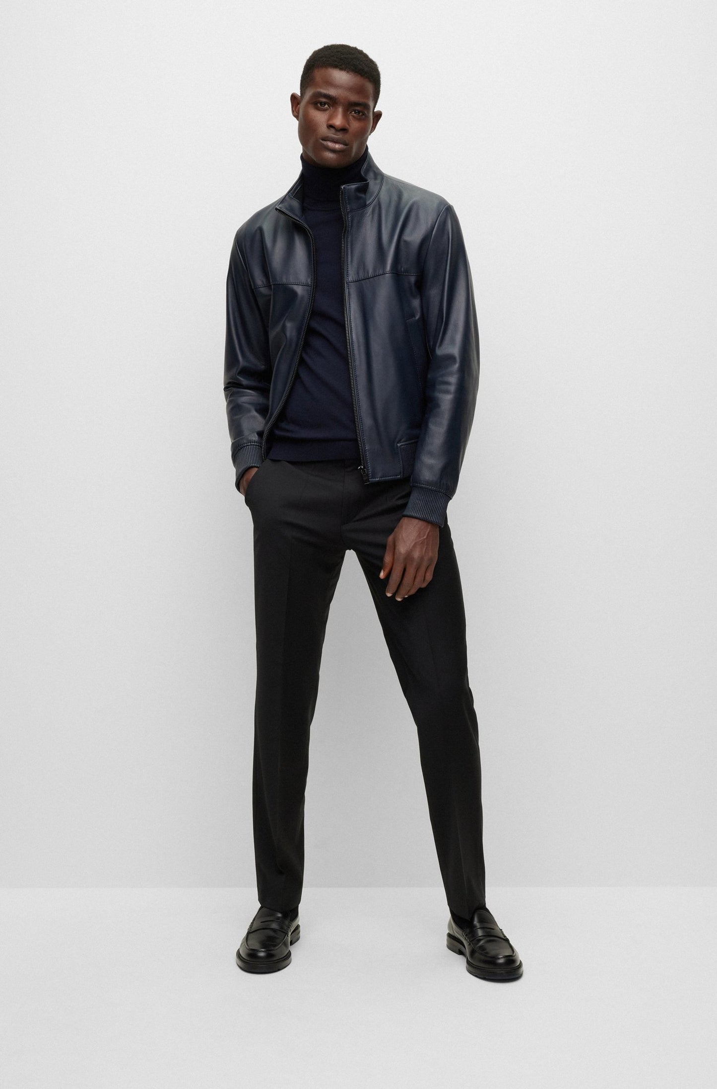 BOMBER JACKET IN NAPPA LEATHER - DARK BLUE