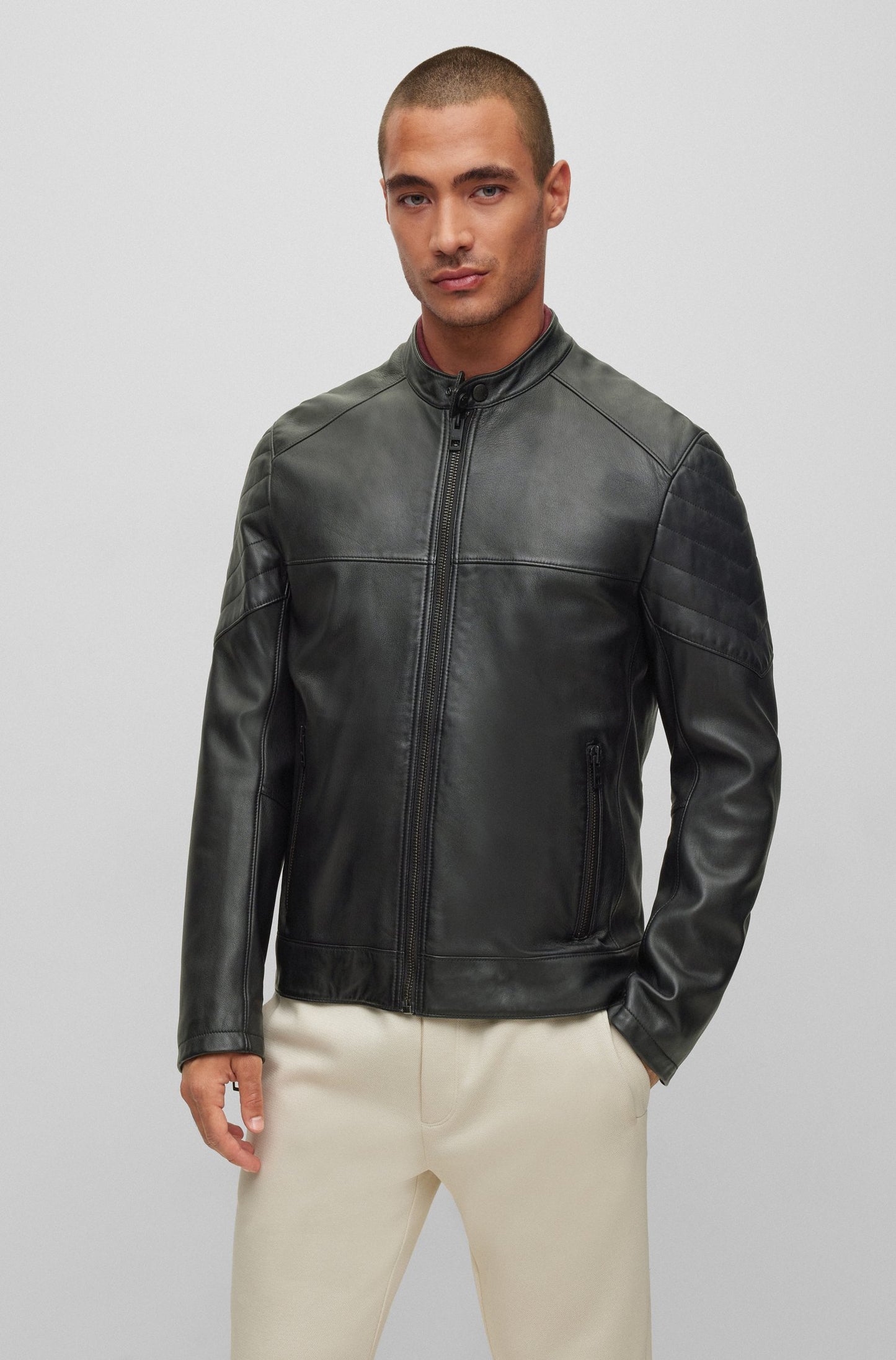 STRIPES - SLIM-FIT JACKET IN LAMB LEATHER - Black